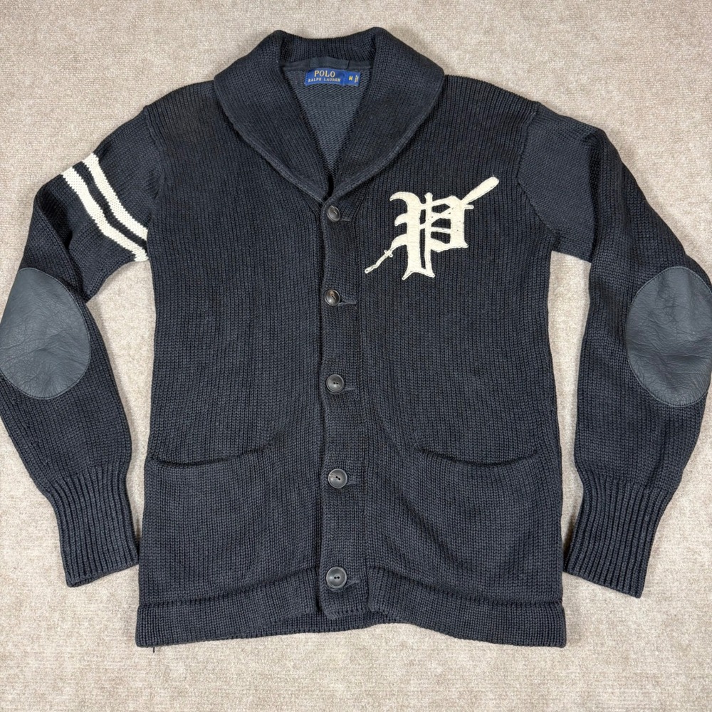 Polo Ralph Lauren Mens Black Cotton Linen Varsity Shawl Collar Cardigan Size M